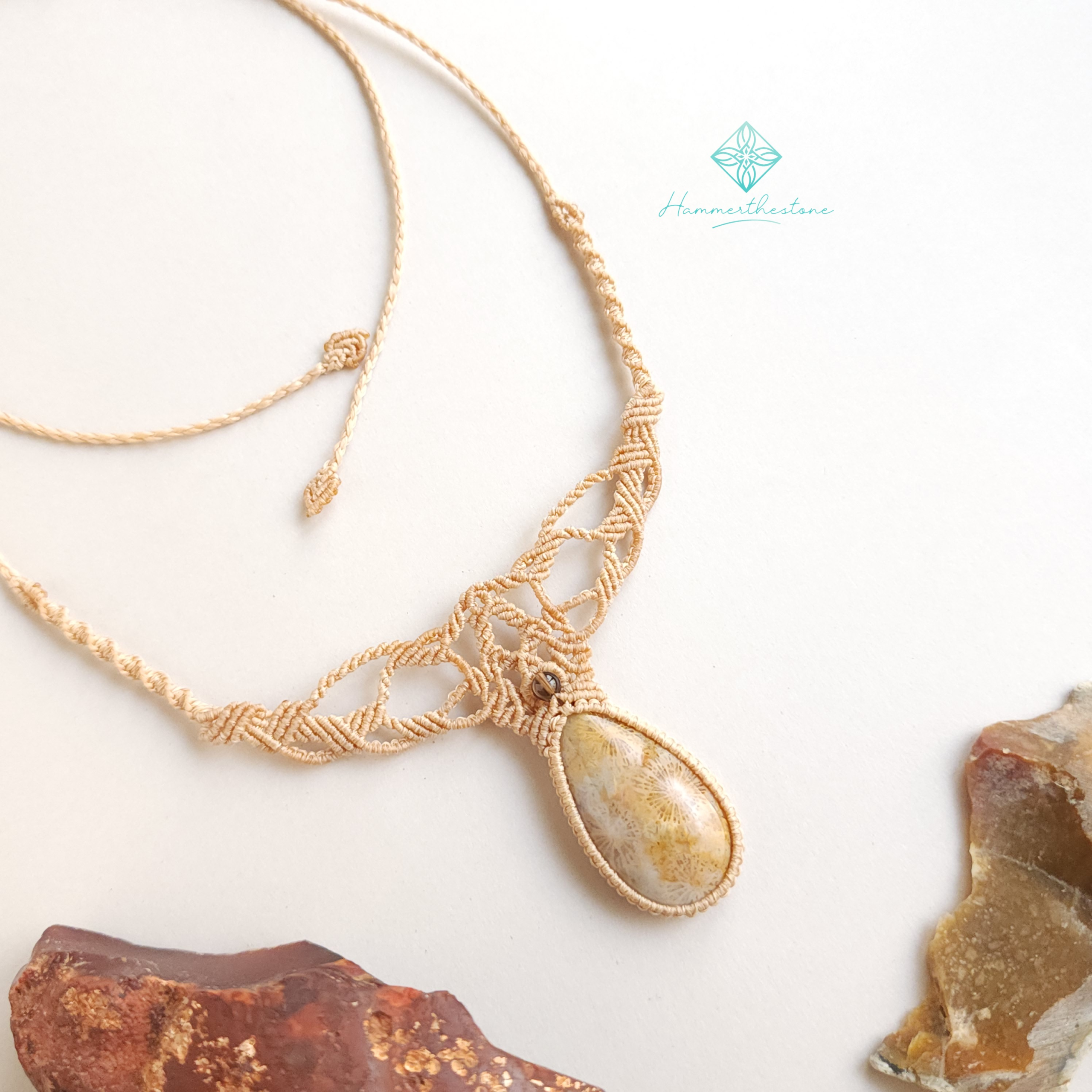 Handmade Macramé Necklace - Natural Fossilized Coral  MR#36