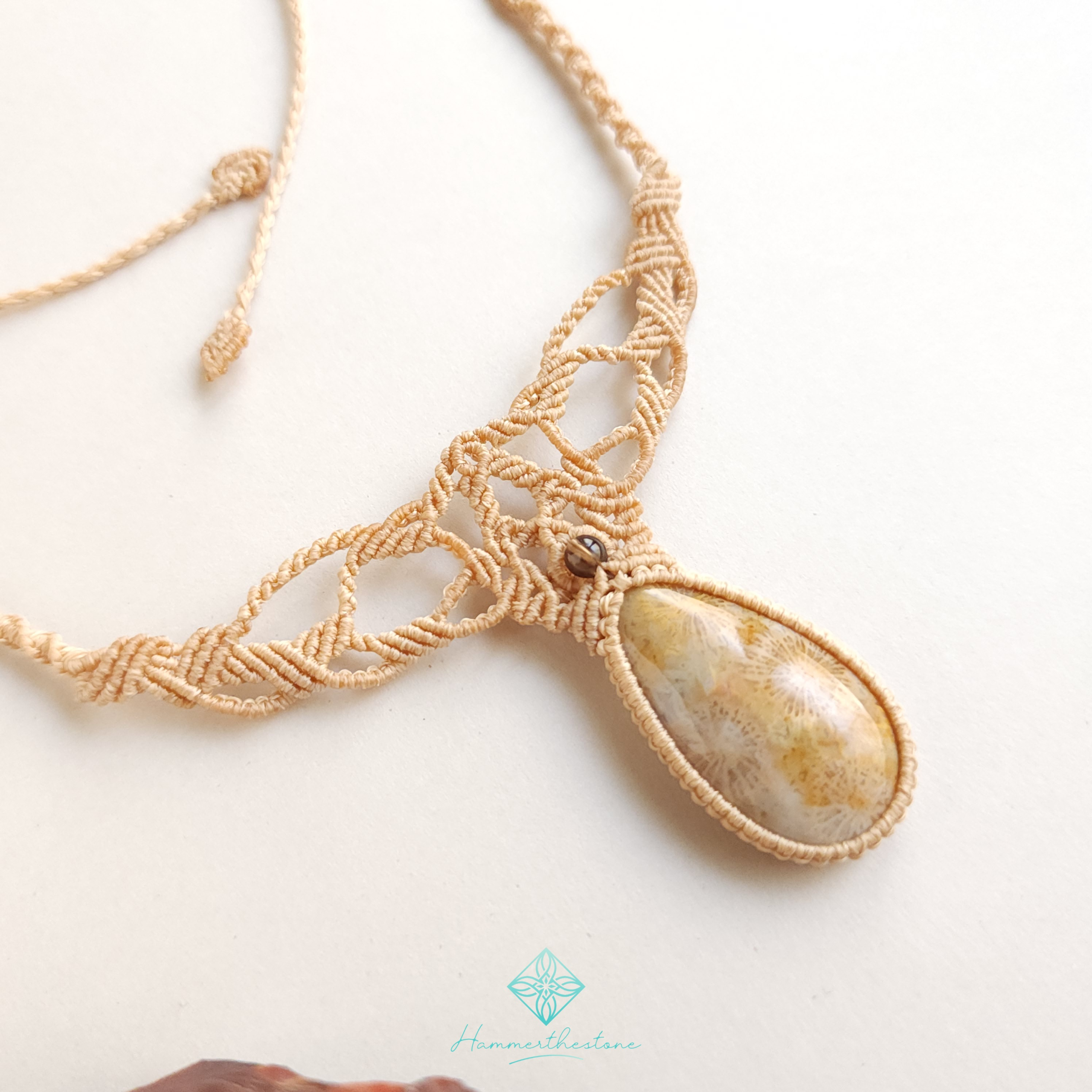 Handmade Macramé Necklace - Natural Fossilized Coral  MR#36