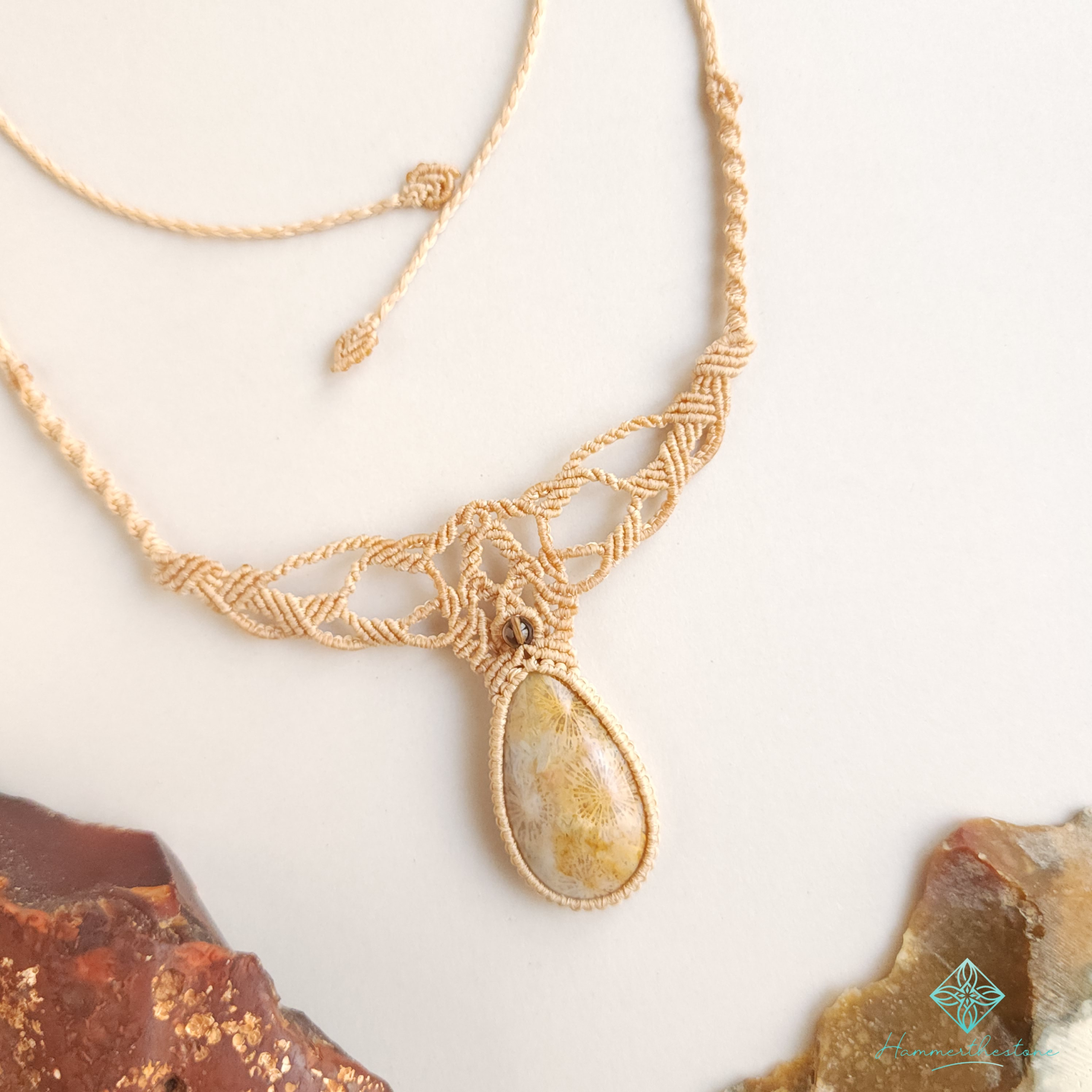 Handmade Macramé Necklace - Natural Fossilized Coral  MR#36