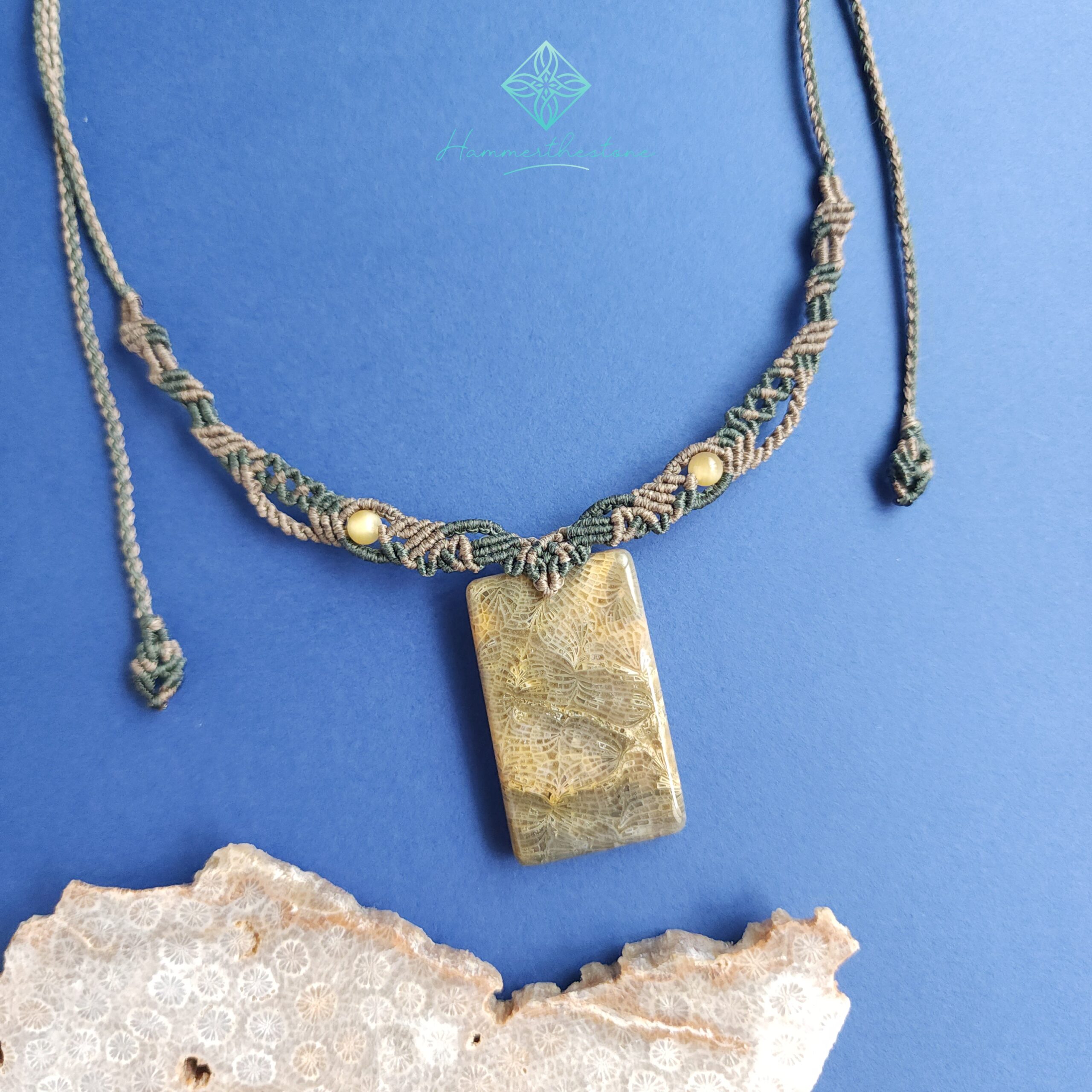 20240828_143240 Handmade Macramé Necklace - Natural Fossilized Coral MR#34