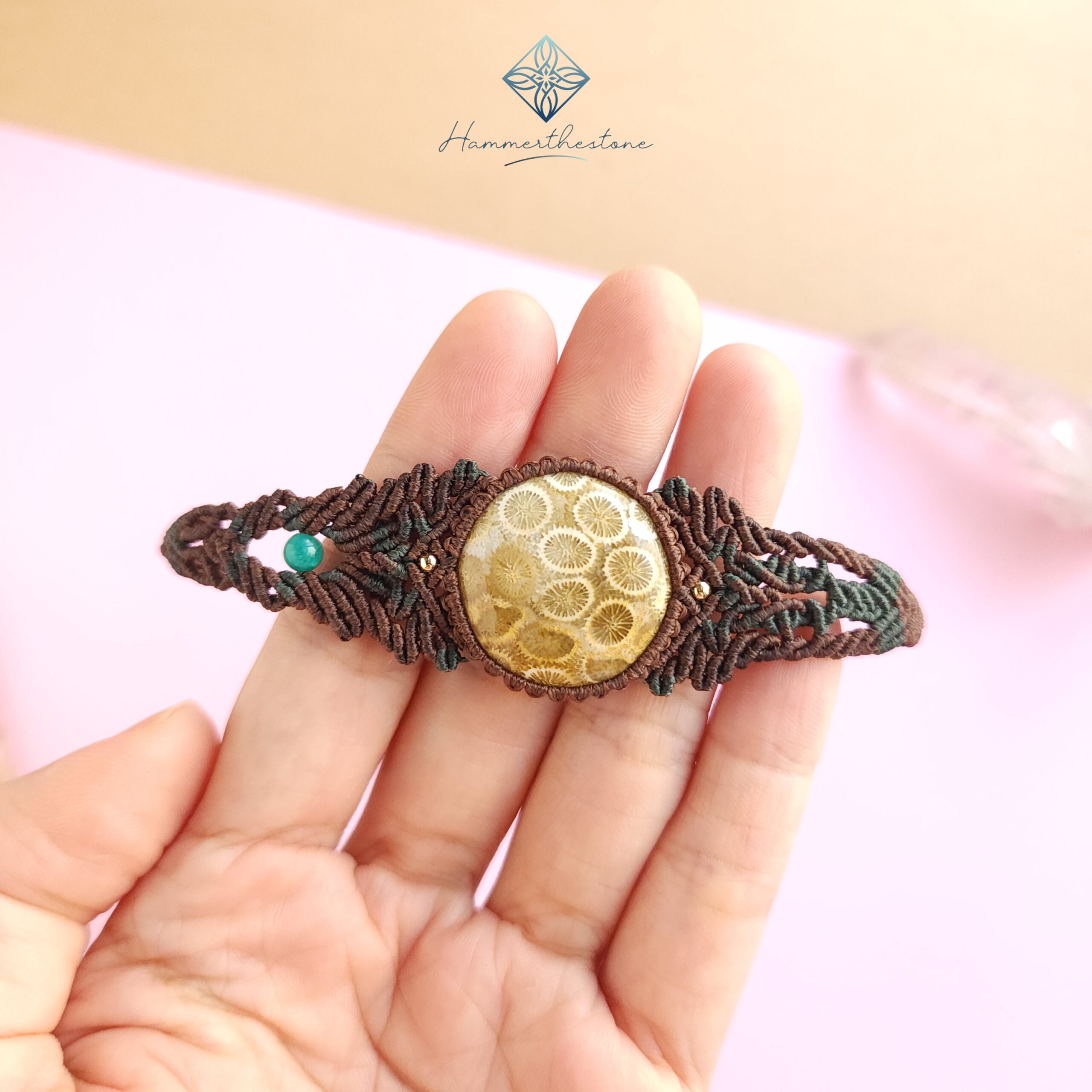 Handmade Macramé Bracelet - Natural Fossilized Coral  MR#43