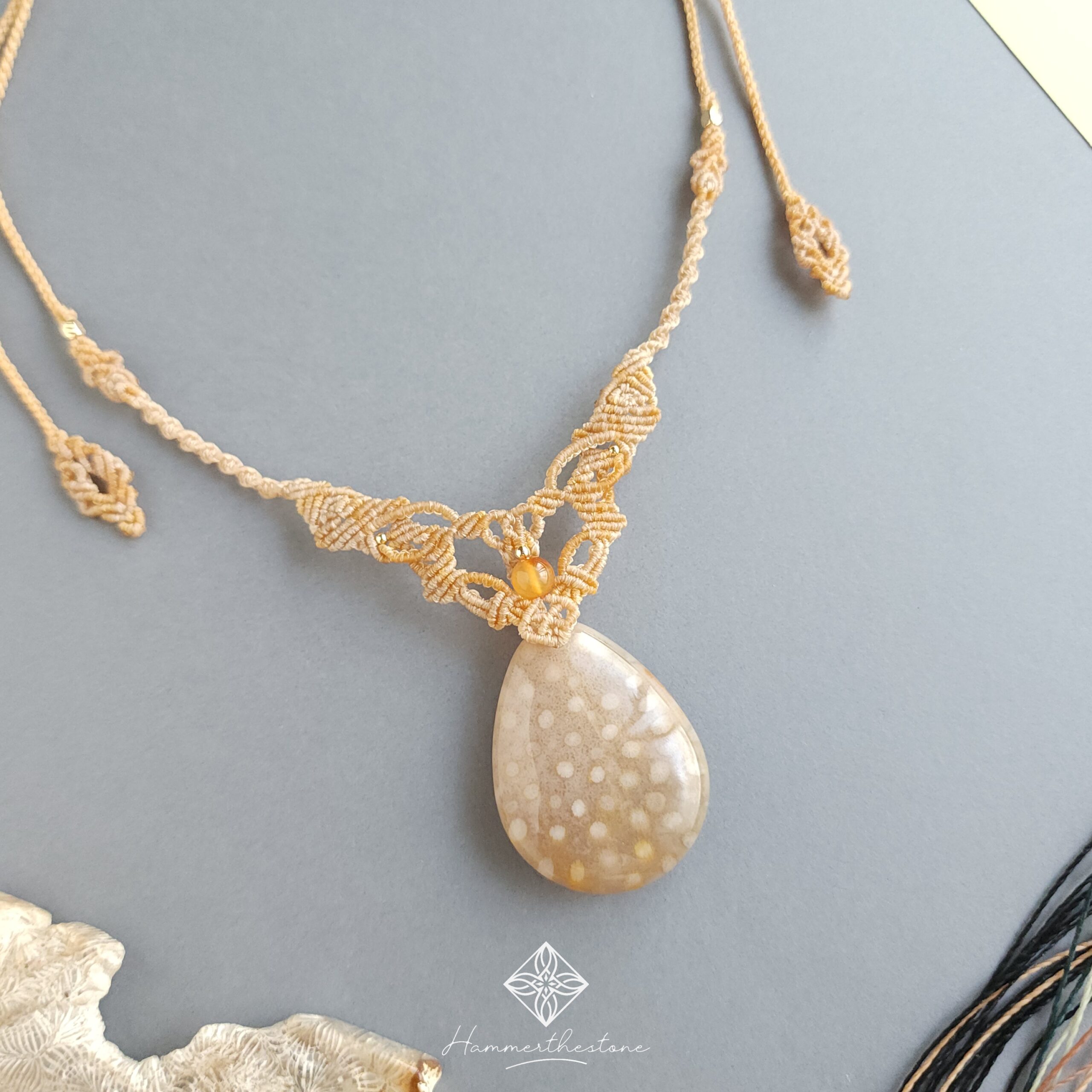 Handmade Macramé Necklace - Natural Fossilized Coral MR#40