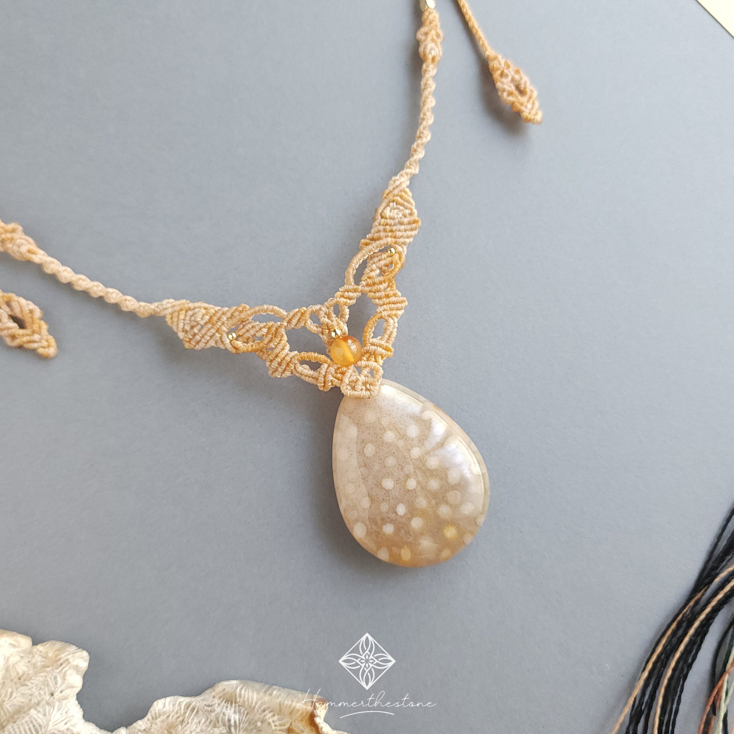 Handmade Macramé Necklace - Natural Fossilized Coral MR#40