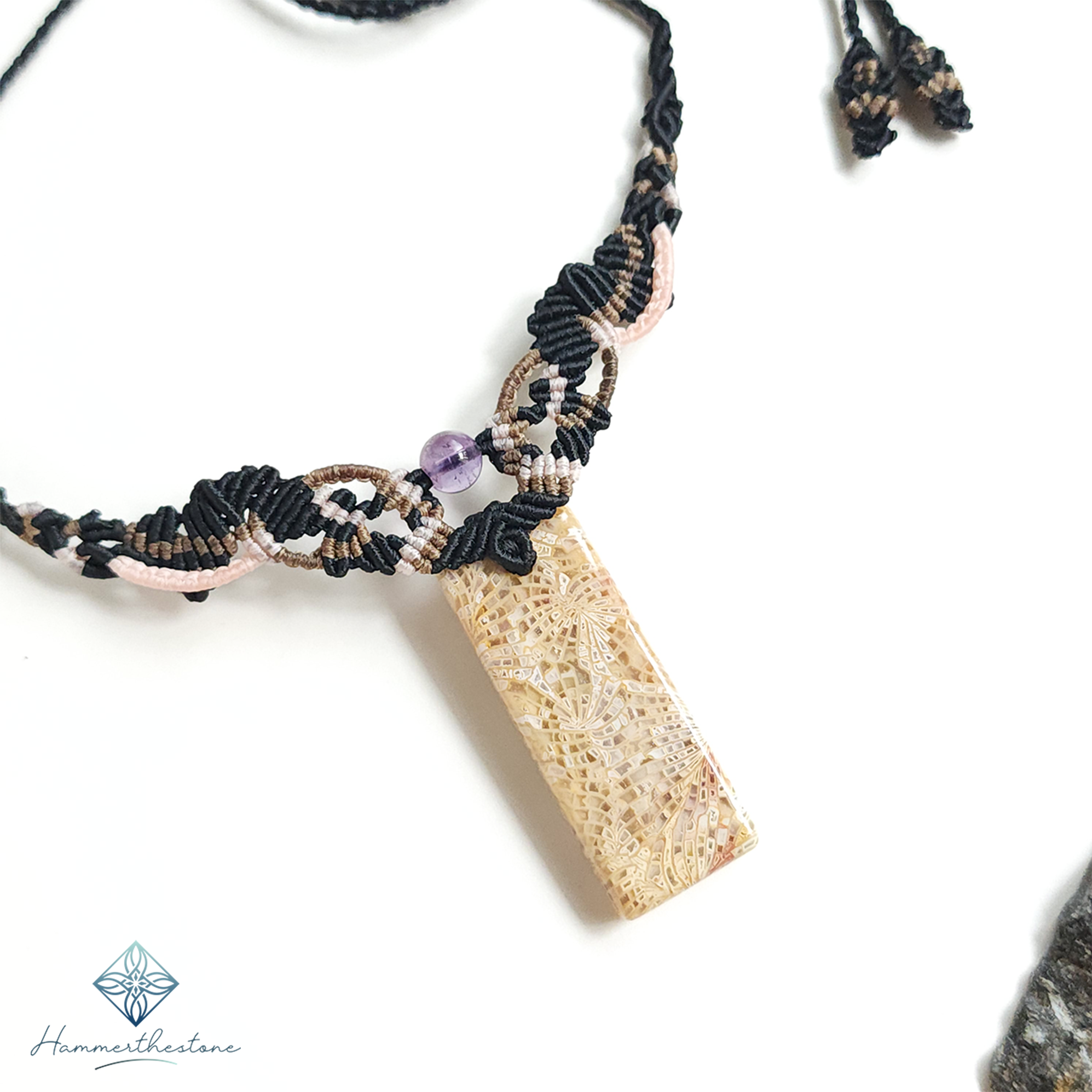mr45-01 Handmade Macramé Necklace - Natural Fossilized Coral MR#45