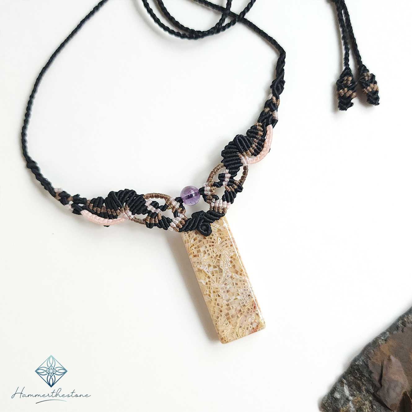 mr45-02 Handmade Macramé Necklace - Natural Fossilized Coral MR#45