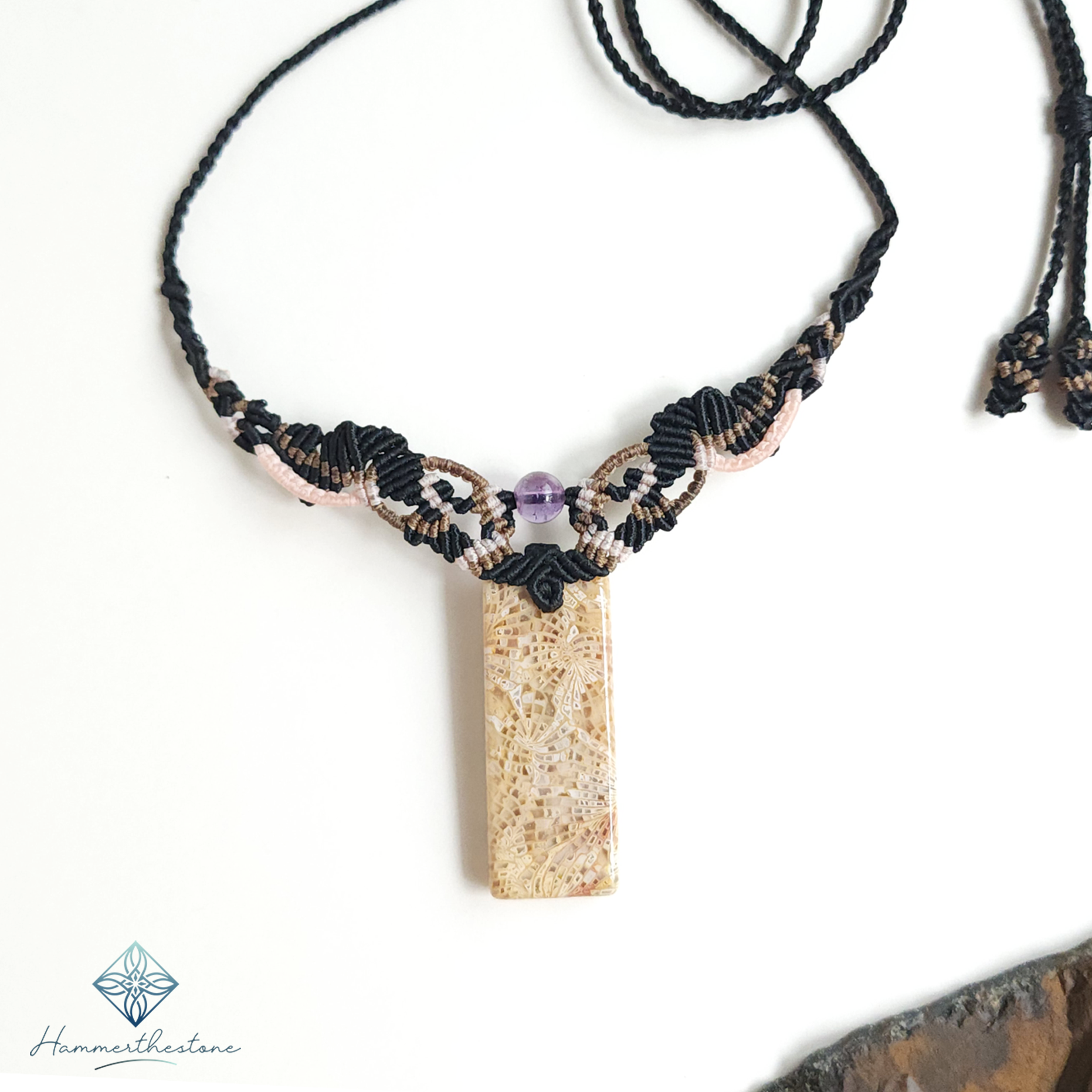 mr45-04 Handmade Macramé Necklace - Natural Fossilized Coral MR#45