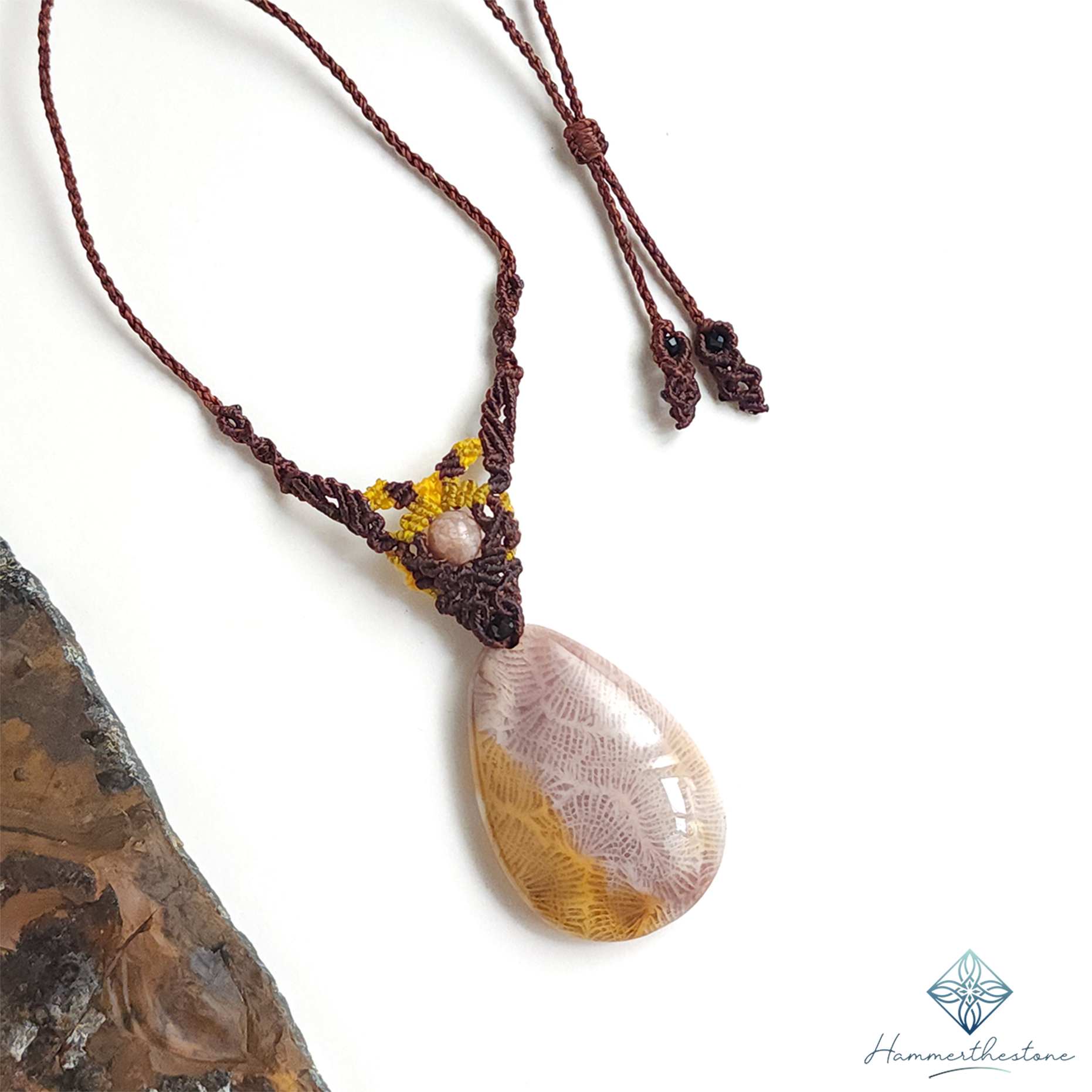 Handmade Macramé Necklace - Natural Fossilized Coral  MR#46
