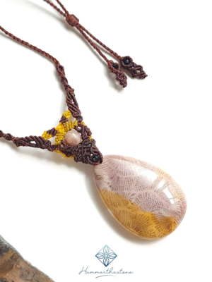 mr46-03 Handmade Macramé Necklace - Natural Fossilized Coral MR#46