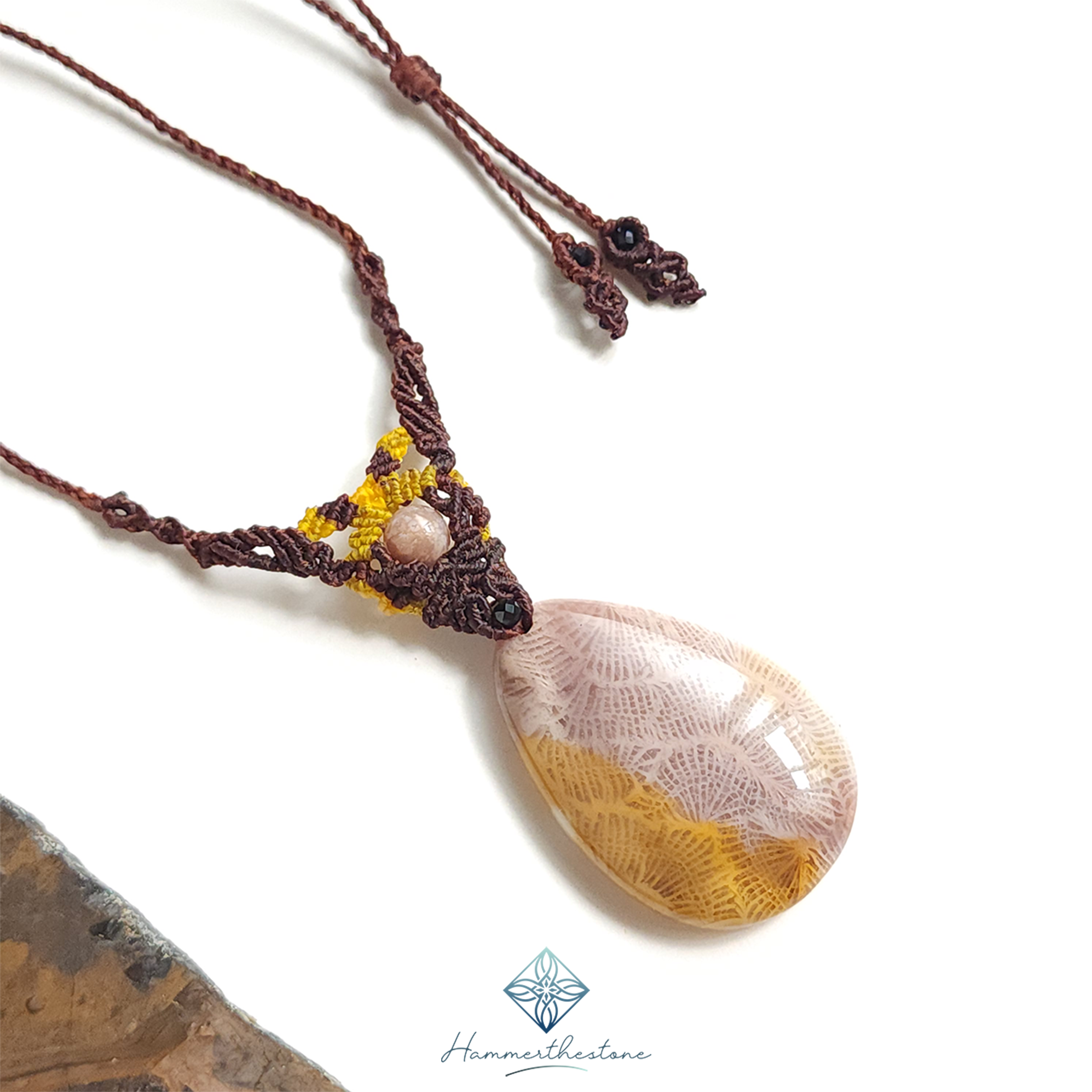 Handmade Macramé Necklace - Natural Fossilized Coral  MR#46