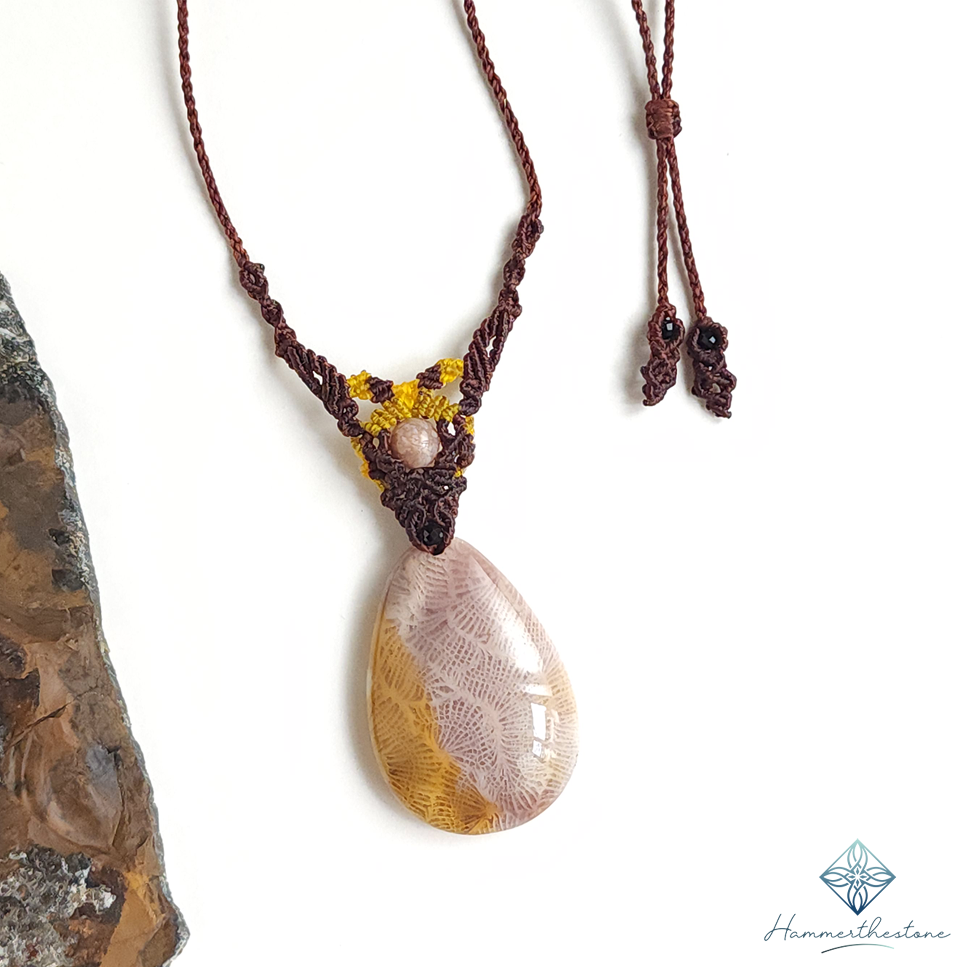 Handmade Macramé Necklace - Natural Fossilized Coral  MR#46